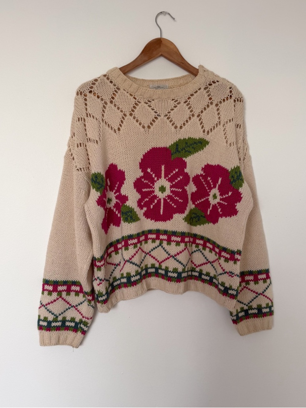 Vintage Cotton Cream Floral Crewneck Knit Sweater
